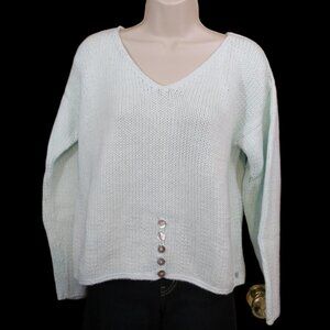 Pure Handknit Seafoam Green V-Neck Sweater 100% Cotton Button Details Medium